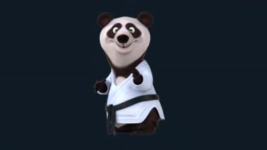 Karate kimonosundaki 3 boyutlu komik panda karakteri yumruk tekmesi pratiği yapıyor.