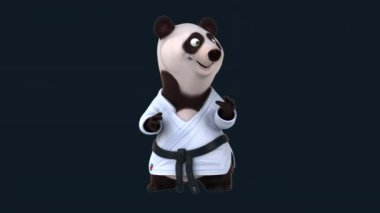 Karate kimonosundaki 3 boyutlu komik panda karakteri yumruk tekmesi pratiği yapıyor.