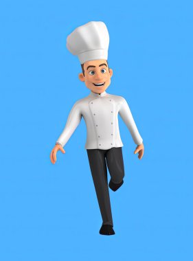 Eğlenceli 3D karikatür şefi dans ediyor.