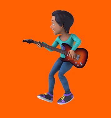 Eğlenceli 3D karikatür Asyalı genç kız gitar çalıyor