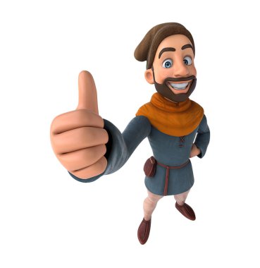 Eğlenceli 3D karikatür ortaçağ adamı baş parmağıyla alfa yapıyor. 