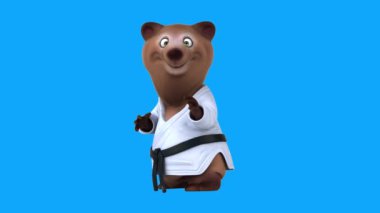 Eğlenceli 3 boyutlu karikatür ayısı karakteri karate kimonosuyla yumruk vuruşu yapıyor.