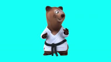 Eğlenceli 3 boyutlu karikatür ayısı karakteri karate kimonosuyla yumruk vuruşu yapıyor.
