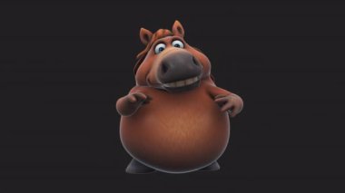 Siyah arka planda konuşan komik çizgi film karakteri kahverengi at - 3D animasyon 