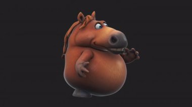 Siyah arka planda konuşan komik çizgi film karakteri kahverengi at - 3D animasyon 