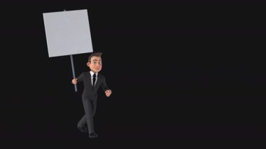 Reklam panosuyla yürüyen eğlenceli bir iş adamı.
