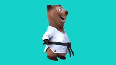 Karate kimonolu komik 3D çizgi film karakteri el sallıyor.