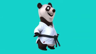 Karate kimonolu 3 boyutlu komik panda karakteri merhaba diyor.