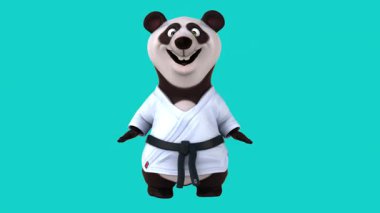 Karate kimonolu 3 boyutlu komik panda karakteri merhaba diyor.
