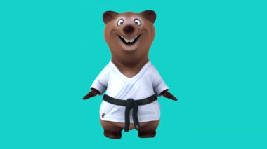 Karate kimonolu komik 3D çizgi film karakteri el sallıyor.
