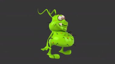 Komik 3D çizgi film virüsü siyah arkaplanda el sallıyor. 