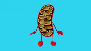 Komik 3D çizgi film mitokondri karakteri el sallıyor 