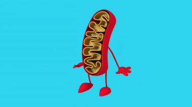 Komik 3D çizgi film mitokondri karakteri el sallıyor 