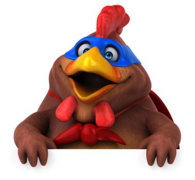 Kartı olan bir tavuk süper kahramanın 3 boyutlu komik çizimi. 