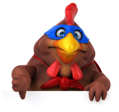 Kartı olan bir tavuk süper kahramanın 3 boyutlu komik çizimi. 