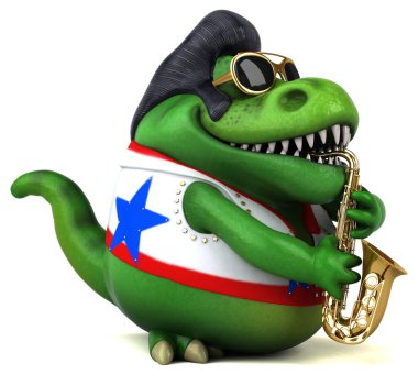 Müzik enstrümanlı bir Trex rockçının 3 boyutlu eğlenceli çizimi 