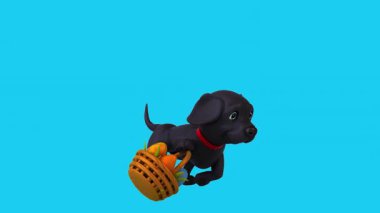Paskalya yumurtası dolu sepetle koşan sevimli köpek - 3 boyutlu animasyon 