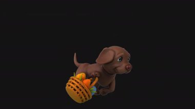 Paskalya yumurtası dolu sepetle koşan sevimli köpek - 3 boyutlu animasyon 