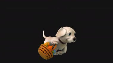Paskalya yumurtası dolu sepetle koşan sevimli köpek - 3 boyutlu animasyon 