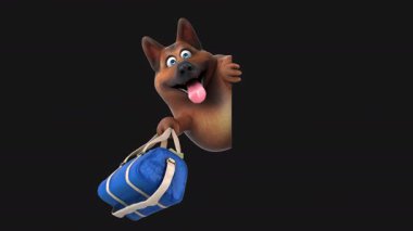 Komik 3D animasyon karakteri para çantalı Alman çoban. 