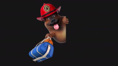 Spor çantalı üç boyutlu komik bir itfaiye köpeği.