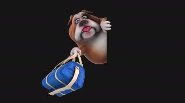 Üç boyutlu eğlenceli animasyon. Elinde para çantası olan kahraman bulldog. 