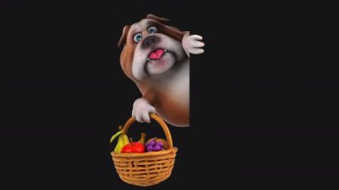 3 boyutlu eğlenceli çizgi film karakteri buldog meyve tutuyor. 