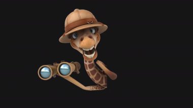 Siyah arka planda dürbün tutan zürafa çizgi filmi.