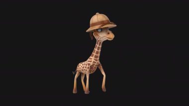 Eğlenceli 3D çizgi film karakteri safari zürafası yürüyor.