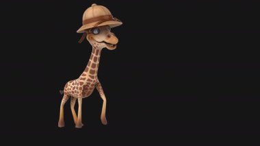 Eğlenceli 3D çizgi film karakteri safari zürafası yürüyor.