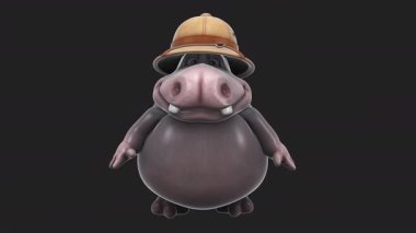 Çizgi film karakteri hipopotamın eğlenceli 3 boyutlu animasyonu. 