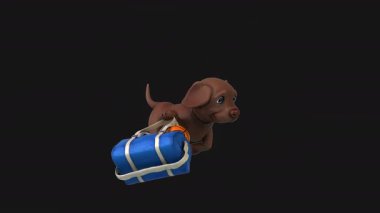 Spor çantasıyla koşan eğlenceli üç boyutlu çizgi film karakteri Labrador 