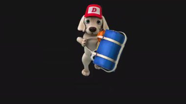 Spor çantasıyla koşan eğlenceli üç boyutlu çizgi film karakteri Labrador 