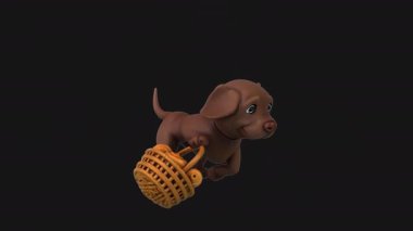 Bir sepet hamur işiyle koşan 3 boyutlu eğlenceli çizgi film köpeği.
