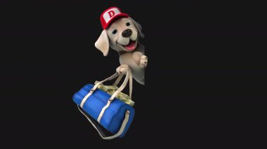 Üç boyutlu eğlenceli animasyon karakteri para dolu çantalı Labrador 