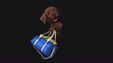 Üç boyutlu eğlenceli animasyon karakteri para dolu çantalı Labrador 
