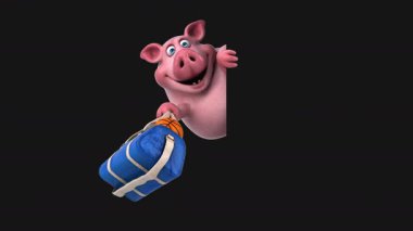 Komik çizgi film karakteri elinde spor çantası tutan domuz - 3 boyutlu animasyon 