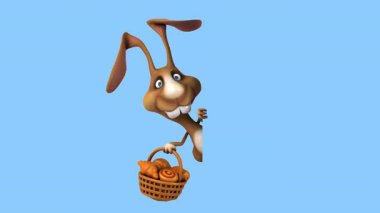 Üç boyutlu eğlenceli çizgi film karakteri tavşan ve bir sepet hamur işi