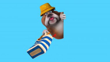 Üç boyutlu eğlenceli animasyon karakteri buldog plaj çantası tutuyor. 