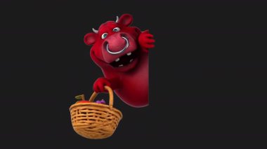 Komik kırmızı boğa, siyah arka planda meyve sepeti taşıyor.