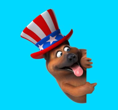Komik 3D çizgi film Alman çoban köpeği ve Sam amca şapkası.