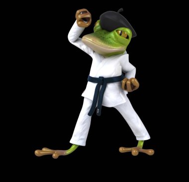 Eğlenceli 3D karateka kurbağası Jodan Age Uke yapıyor.