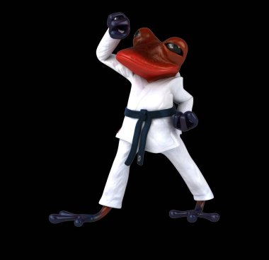 Eğlenceli 3D karateka kurbağası Jodan Age Uke yapıyor.