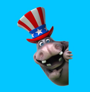 Sam Amca şapkalı 3 boyutlu komik bir çizgi film hipopotamı.
