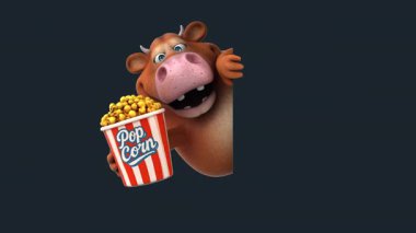 Patlamış mısırlı çizgi film karakteri inek - 3 boyutlu animasyon 