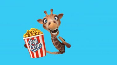 Mavi arka planda patlamış mısır tutan zürafa çizgi filmi.