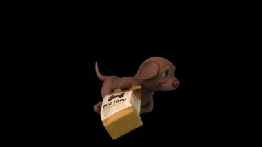 Eğlenceli üç boyutlu çizgi film karakteri Labrador ve köpek maması çalışıyor. 