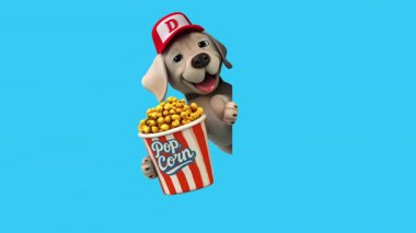 Üç boyutlu eğlenceli çizgi film karakteri Labrador ve patlamış mısır.