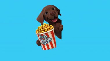 Üç boyutlu eğlenceli çizgi film karakteri Labrador ve patlamış mısır.