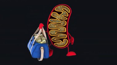 Komik 3D çizgi film karakteri mitokondri para çantası tutuyor. 